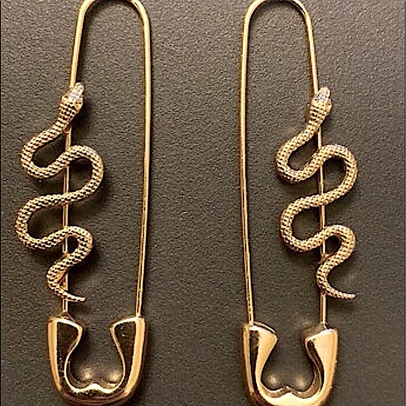 Gold Safety Pin Snake Earrings - Picture 7 of 10